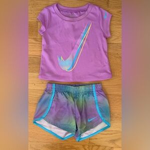 Nike Toddler Girl 2-Piece Dri-Fit Set – Swoosh Tee & Rainbow Shorts (12M)